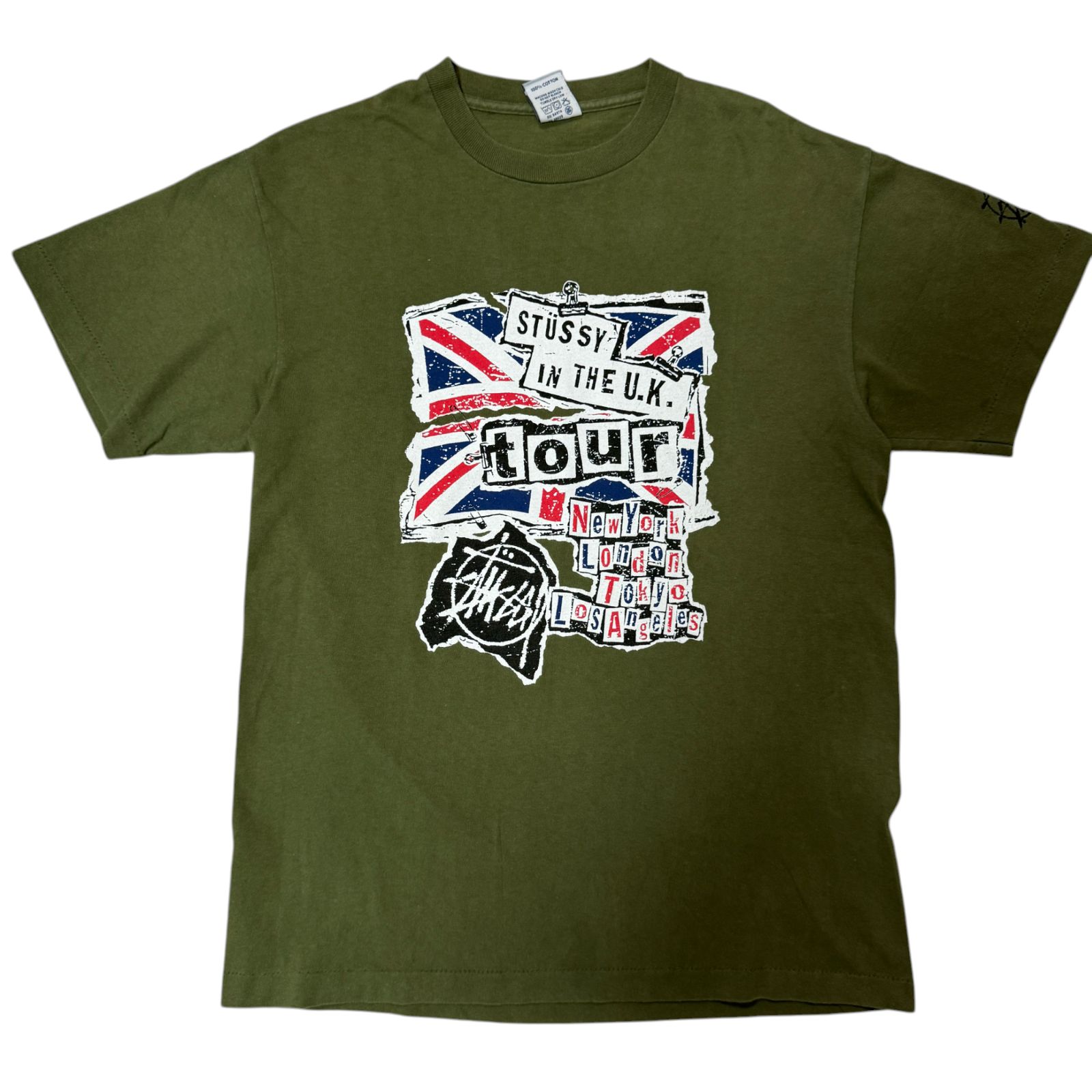 00s STUSSY Tシャツ UK ピストルズ Mサイズ カーキ系 ワールド