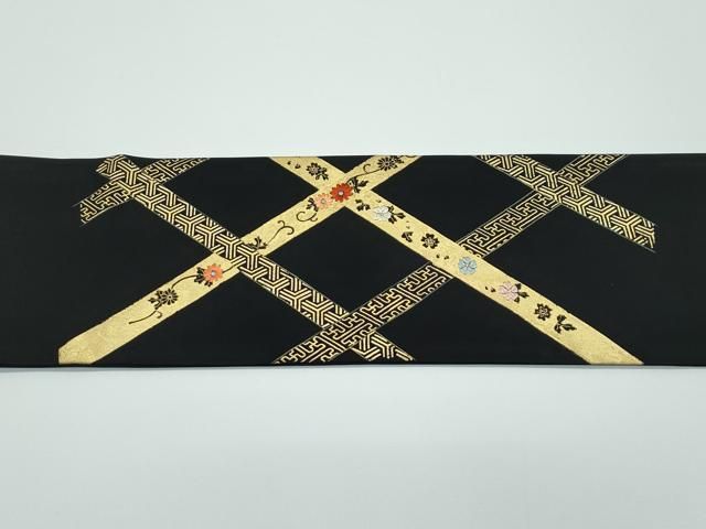 平和屋着物□極上 塩瀬 九寸名古屋帯 刺繍 網目草花文 黒地 金彩 逸品