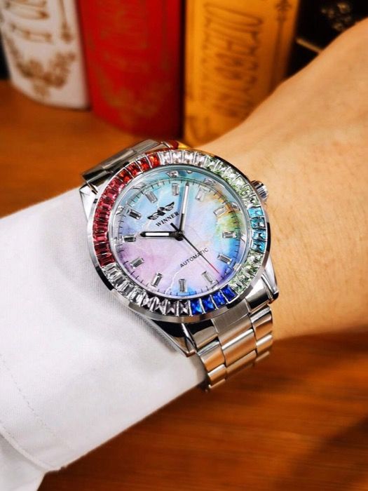 腕時計 メンズ 機械式 - 1個 メンズファッションビジネス 自動巻き機械式腕時計 レインボーケース 蓄光針 ステンレススチールバンド ラグジュアリーカジュアルメンズ腕時計 トップブランド ギフト付き