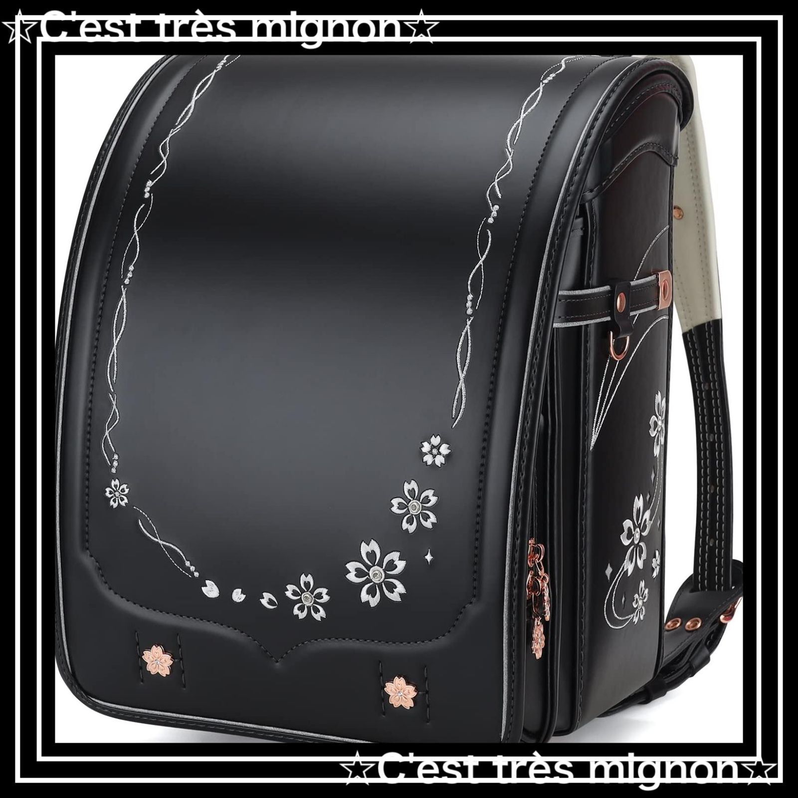 【スピード発送】エレガント schoolbag Bab-sakura japanese A4フラットファイル対応 刺 豪華 (New 軽量 ワンタッチロック 女の子 パールブラック) ランドセル 桜 [バオバブの願い]