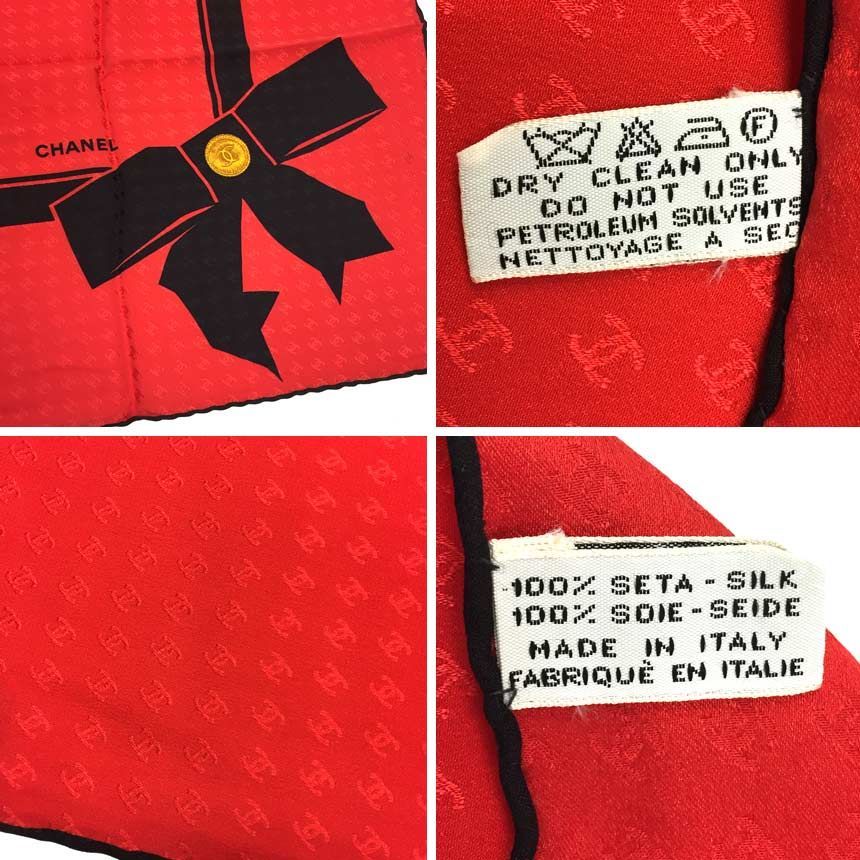 シャネル CHANEL スカーフ リボン ココマーク シルク 赤×黒 美品