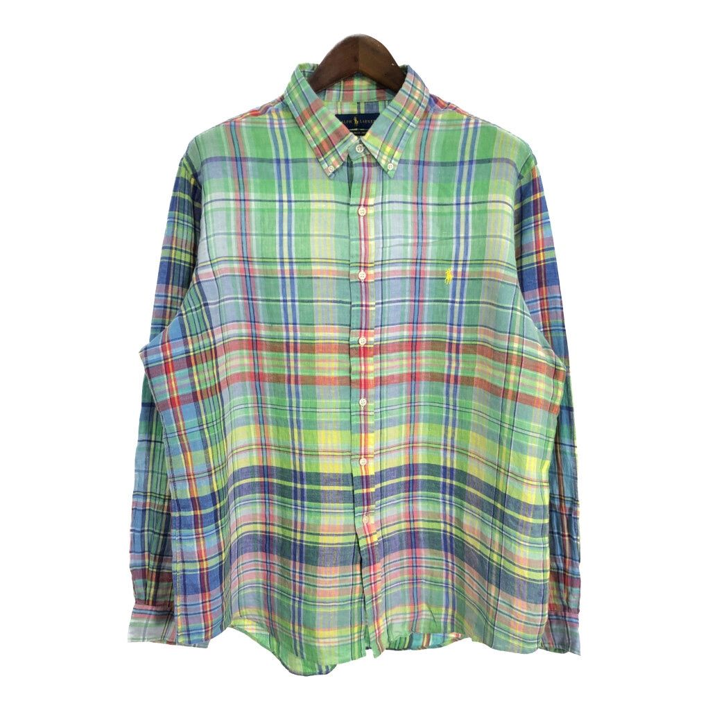 RALPH LAUREN ラルフローレン ボタンダウン リネンシャツ 大きいサイズ チェック マルチカラー (メンズ XXL) 中古 古着 S9706