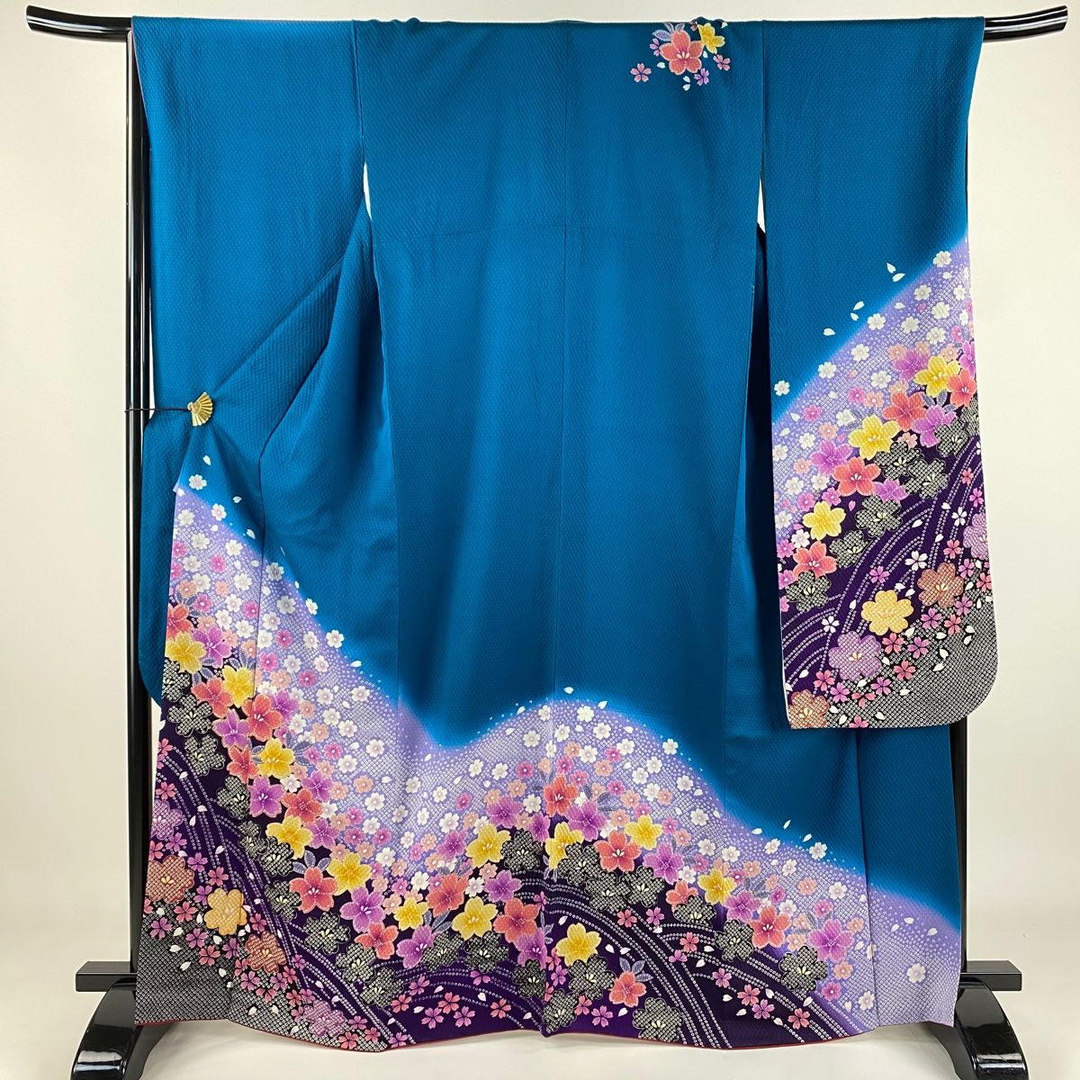 振袖 身丈164.5cm 裄丈68cm L 袷 桜 疋田 金糸 染め分け 青緑 正絹 名品