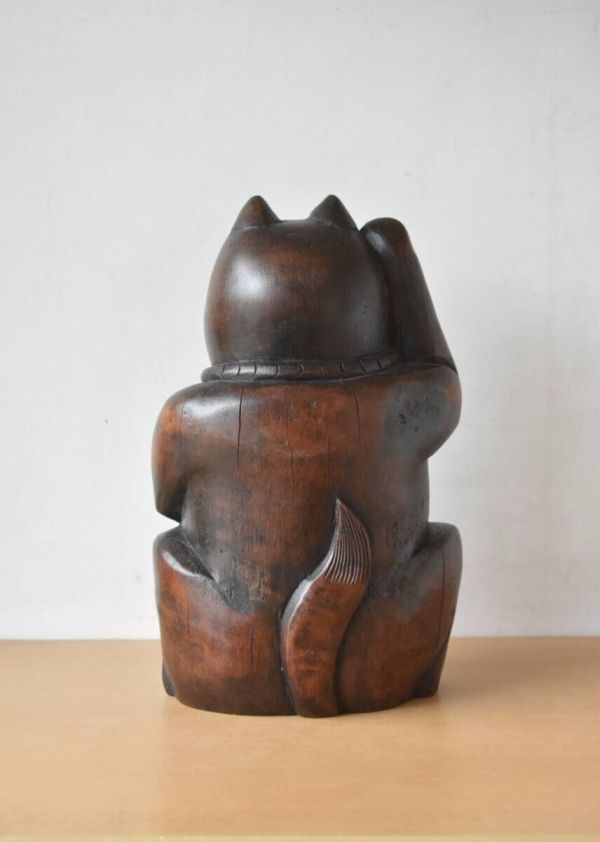 竹根彫刻 招き猫 大正?昭和前期 高さ28cm 算盤☆ 竹細工 木工