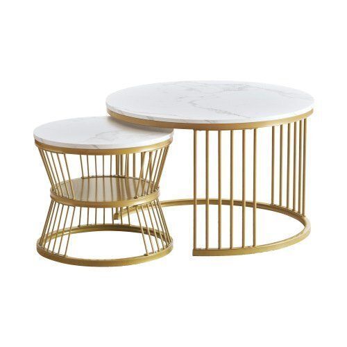 センターテーブル テーブル ローテーブル 大理石調 波紋 収納付 おしゃれ 入れ子式 円型 丸型 鏡面 光沢感 ホワイト＋ゴー