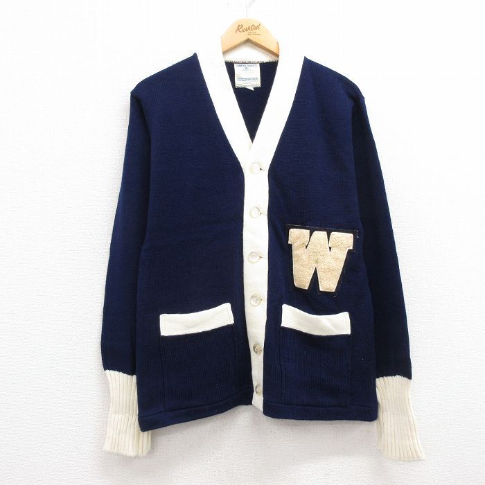 M/古着 チャンピオン champion 長袖 ビンテージ レタード ニット カーディガン メンズ 70s W アクリル 紺 ネイビー spe 24oct15 中古 トッ