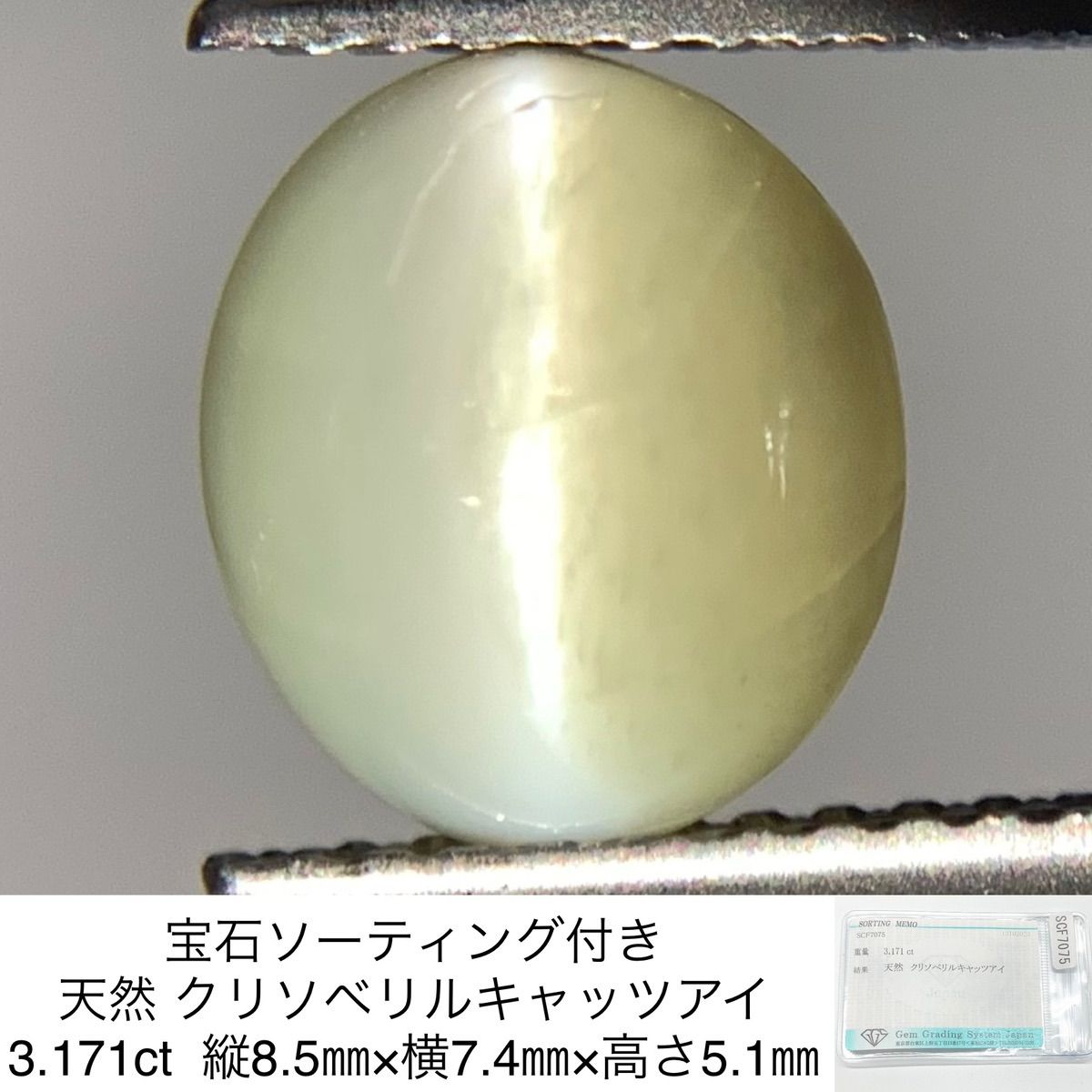 宝石ソーティング付き 天然 クリソベリルキャッツアイ 3.171ct 縦8.5