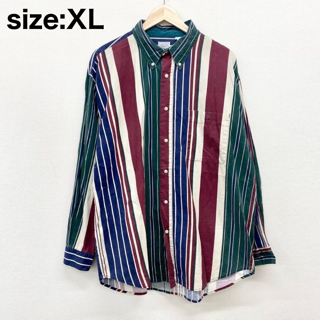 US古着 BUGLE BOY COMPANY ボタンダウン シャツ 長袖 マルチストライプ メンズ XL ビッグサイズ グリーン×エンジ×ネイビー等 