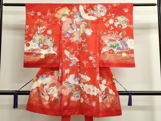 平和屋着物女の子　祝着　産着　初着　のしめ　お宮詣り　檜扇飛鶴草花文　金彩　逸品　CAAI4244ze