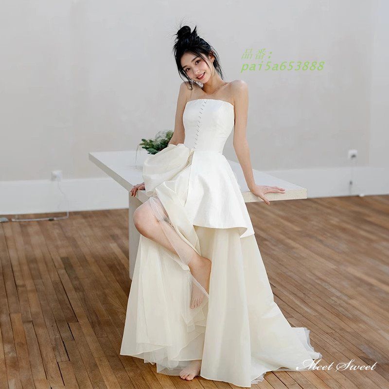 ウェディングドレス ロングドレス Aラインドレス ベアトップ スリット アシンメト二次会 前撮り ウエディングドレス 花嫁 結婚式 チュール ブライダル pai5a653888