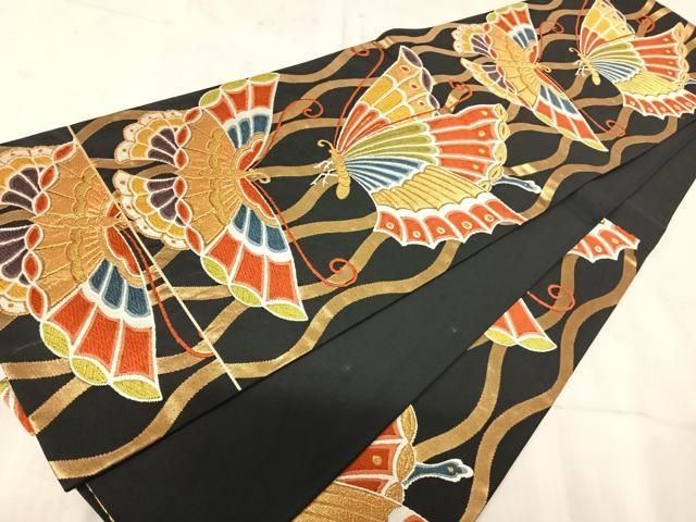 平和屋着物◎六通柄袋帯 唐織 舞蝶文 黒地 金糸 正絹 逸品