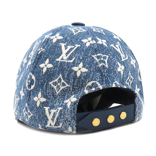 ルイヴィトン LOUIS VUITTON キャップ モノグラム ジャカード デニム ナイロン コットン レザー ブルー ゴールド金具 M77437