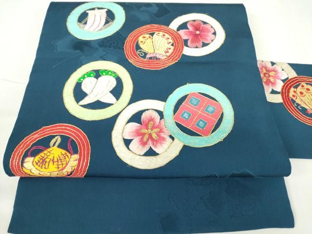 平和屋着物●アンティーク 大正ロマン 九寸名古屋帯 駒刺繍 花蝶丸文 金糸 正絹 DAAX3375az