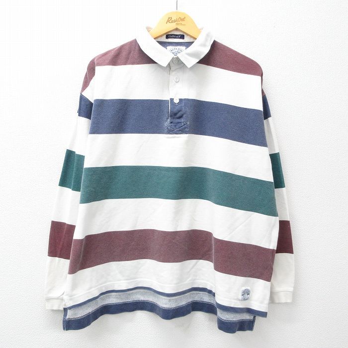 XL/古着 GANT 長袖 ラガー シャツ メンズ 90s 大きいサイズ コットン 鹿の子 白他 ホワイト ボーダー 24jun04 中古 トップス