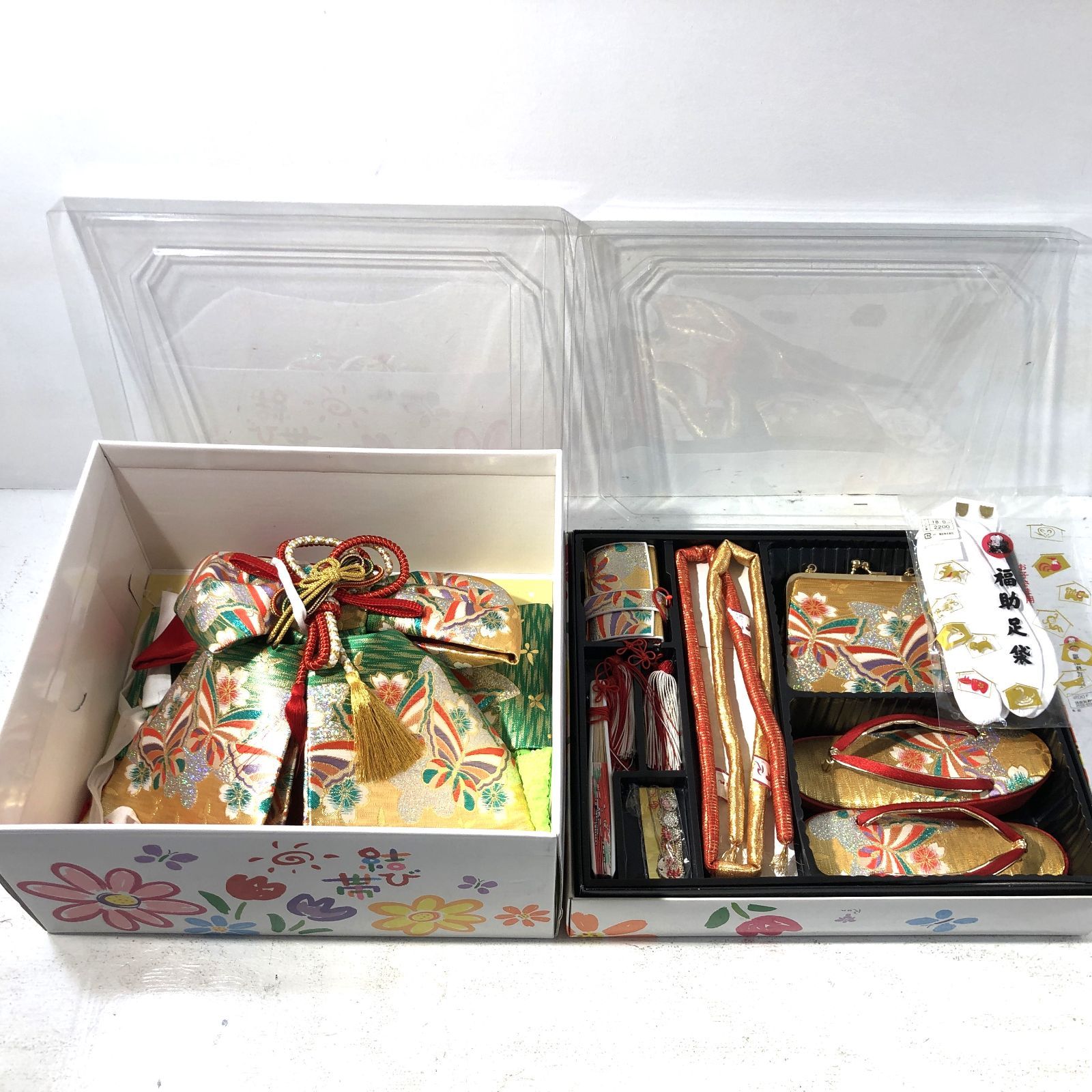 七五三着物7歳用 結び帯 筥迫セット ハコセコセット 着物 浴衣 結び紐 草履21cm【紫波77-0001】
