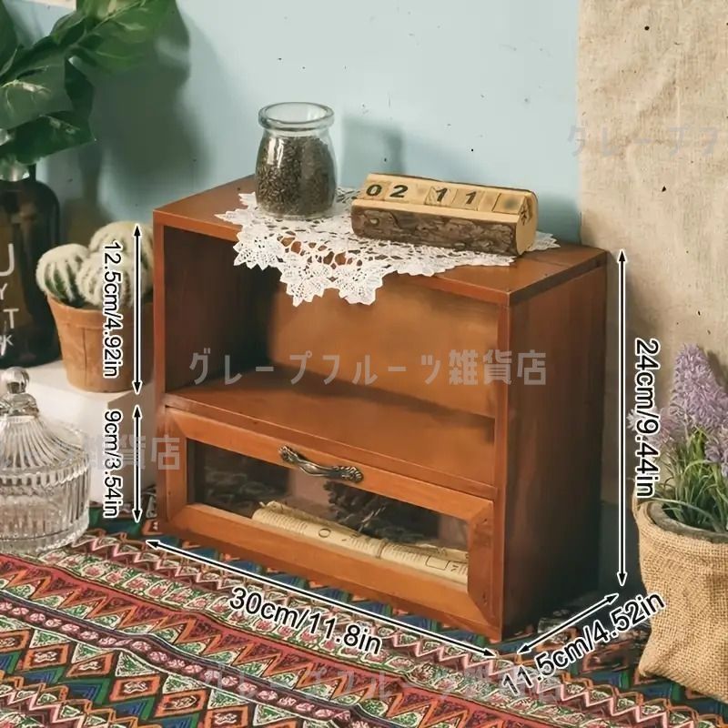 ヴィンテージ ガラス 戸棚 チェスト 小引き出し 小物入れ 昭和レトロ 収納便利 SNS話題 引き出し収納 アンティーク調 アンティークウッド