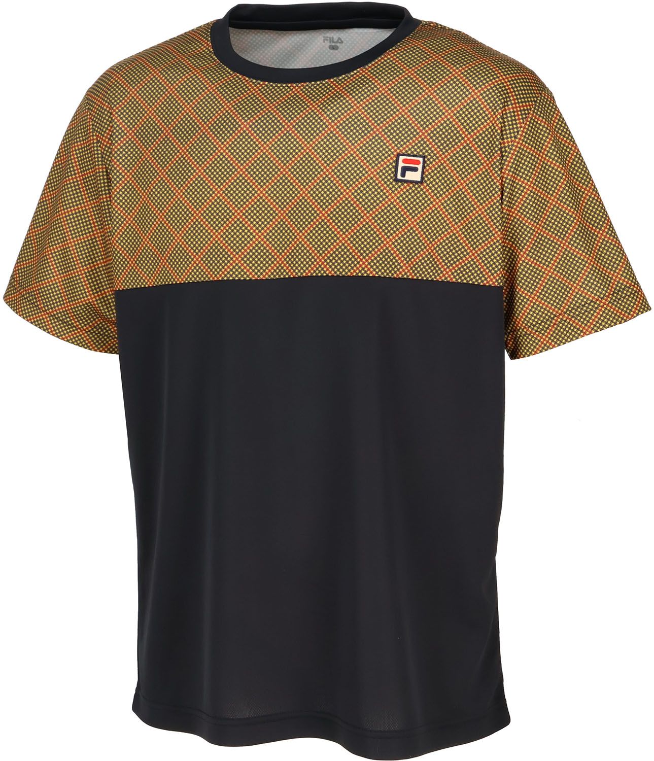 フィラ FILA テニス ゲームシャツ メンズ 男性 大人 半袖 Tシャツ トップス ウェア ロゴ グレンチェックプリント 部活動 クラブ サークル スクール 練習 試合 トレーニング EM0260 05A マスタード
