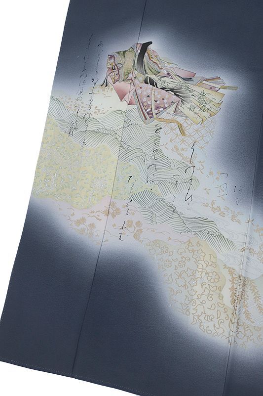 中古 訪問着 リサイクル 樽本伊勢蔵 正絹 摺り友禅 紺 灰色 人物