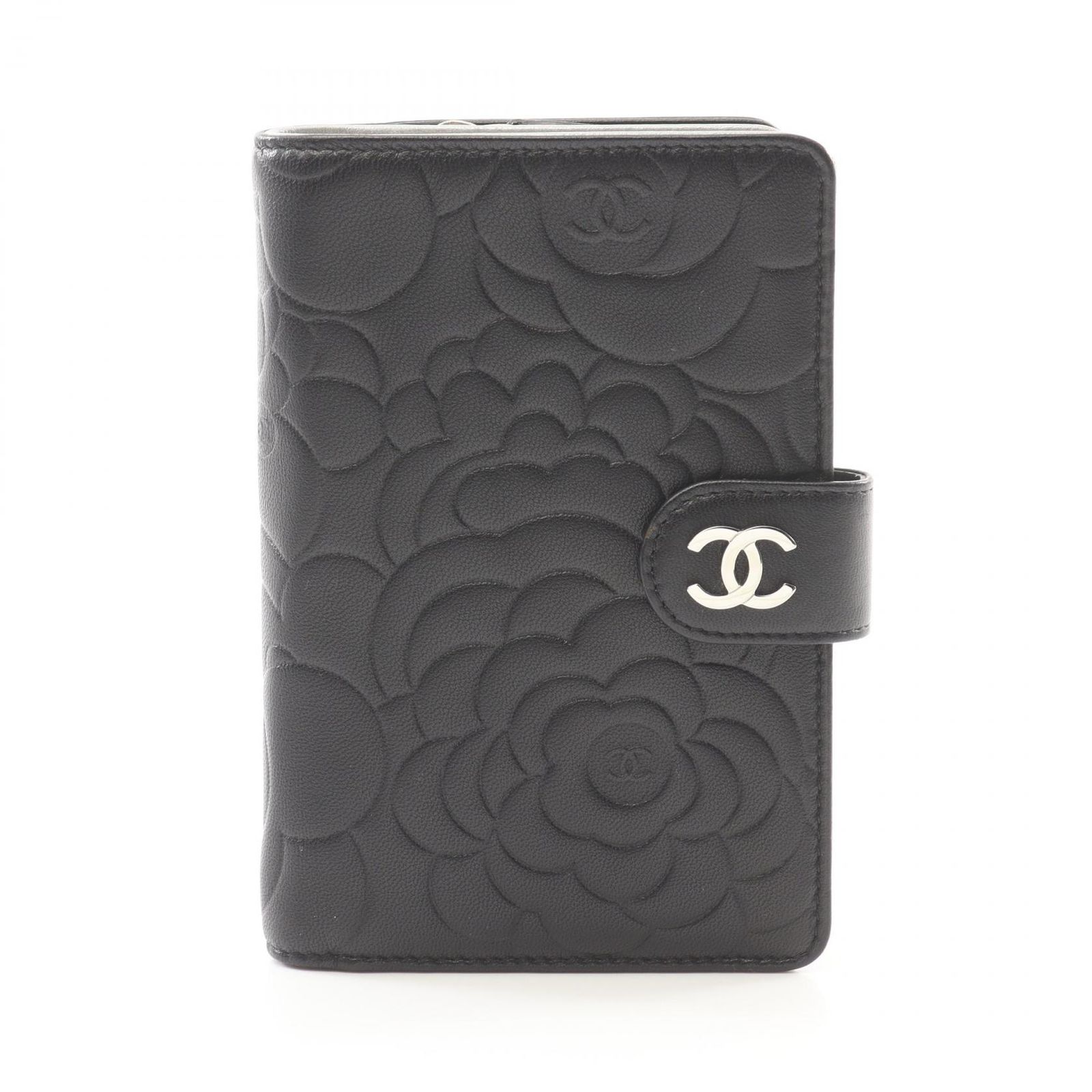 シャネル CHANEL 二つ折り財布 カメリア ブラック ラムスキン 羊革 カメリア コンパクト財布 レディース Used A