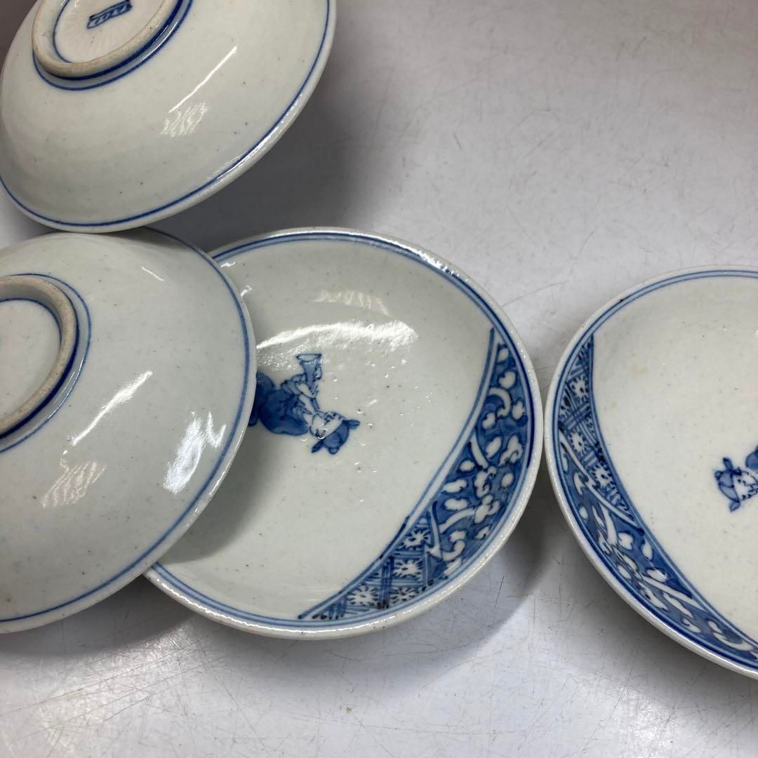 江戸中期 染付唐子瑞小皿5枚仕立箱付直径11.3㎝ 東Y5-1116⑤トトチ