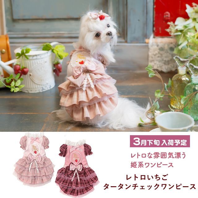 きゃんナナ　犬服　レトロいちごワンピースLサイズ 犬服 春新作 レトロいちごタータンチェックワンピース SS-Lサイズ きゃ