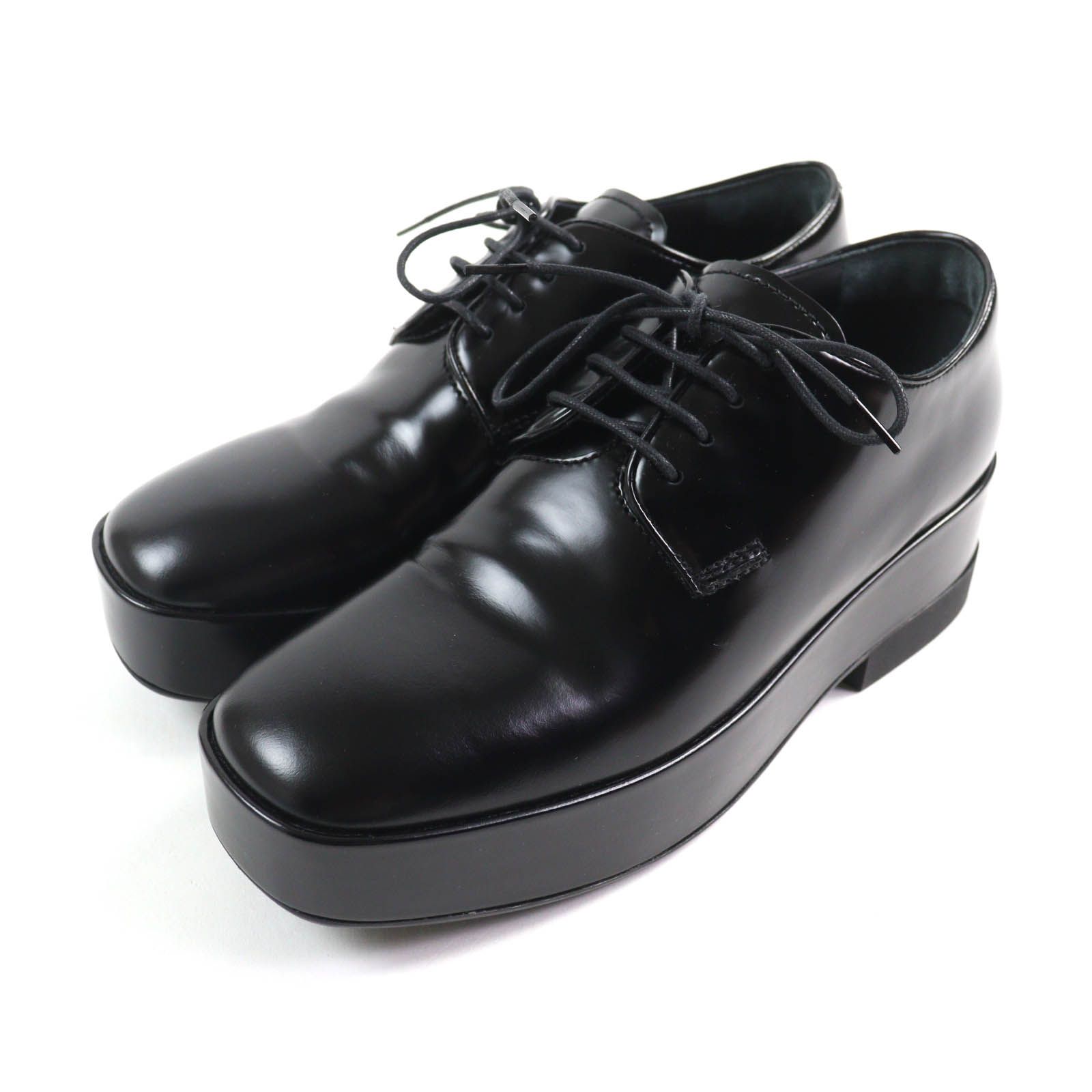 PRADA プラダ バックロゴ プラットフォーム レースアップ レザー シューズ ブラック 35.5 箱 保存袋付き イタリア製 レディース