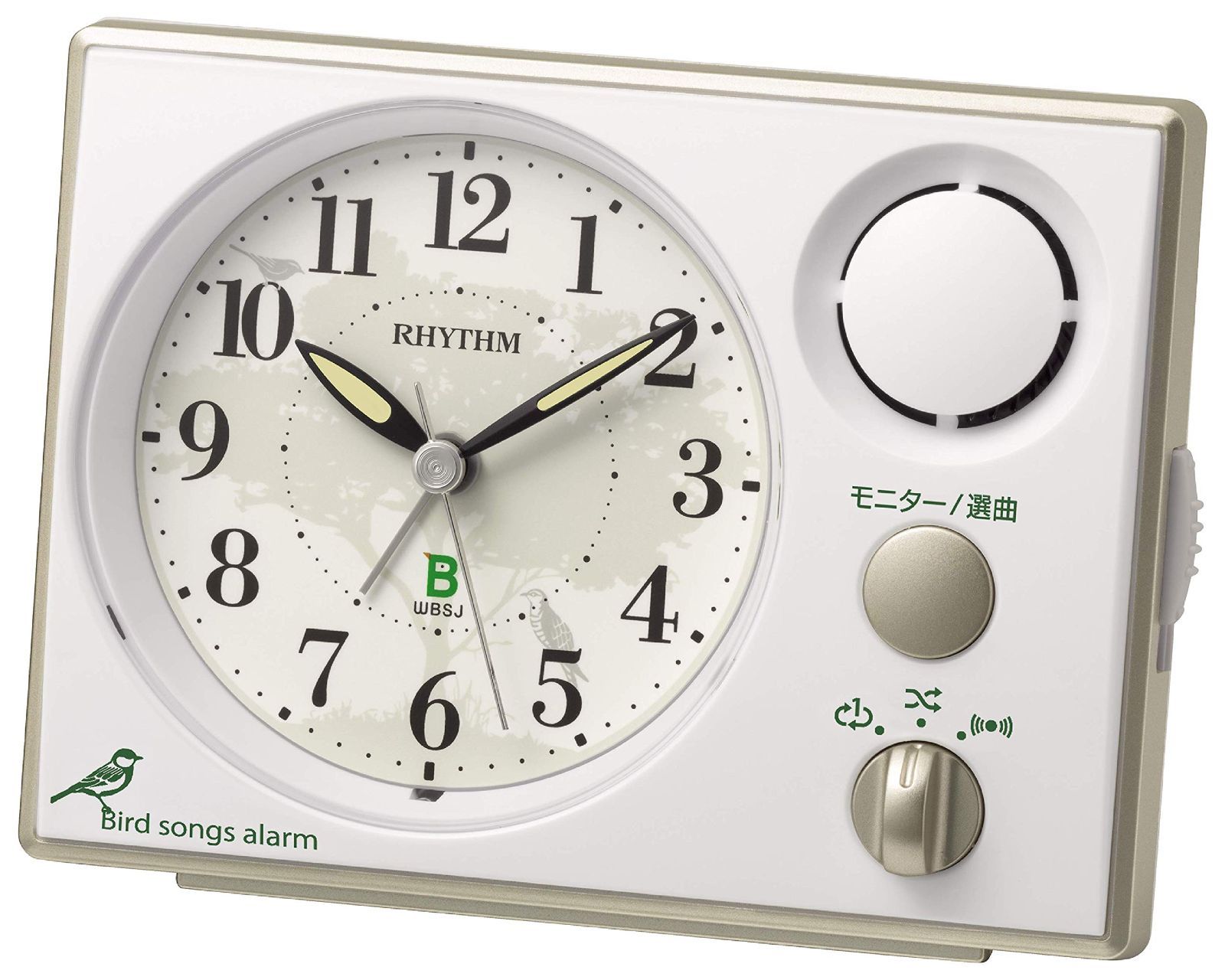 白 連続秒針 9.9x13.4x6.7cm 16+1種】 【鳥の声アラーム音 共同開発 8RM401SR03 日本野鳥の会 目覚まし時計 リズム(RHYTHM)