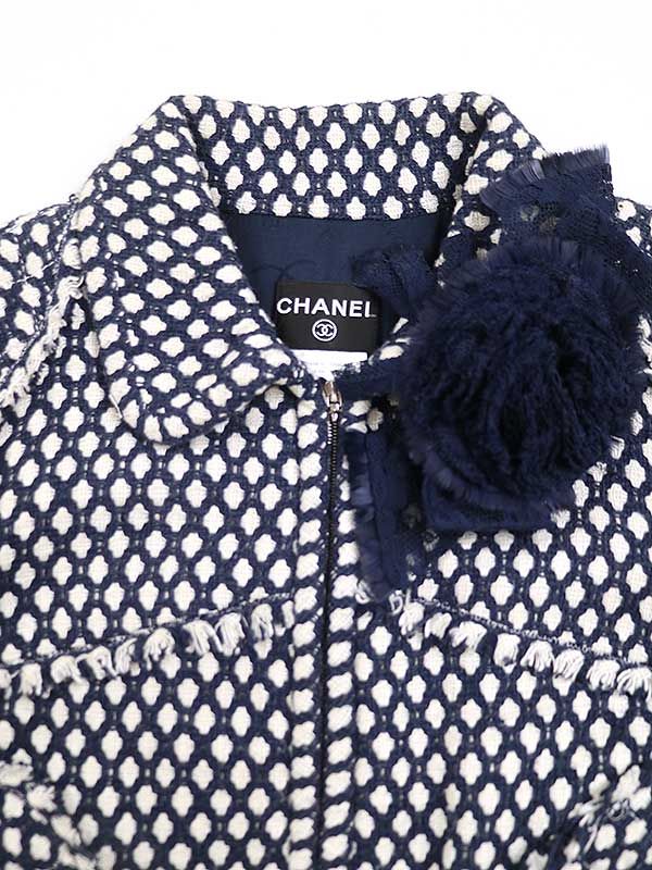 CHANEL シャネル 2008 フラワービジューツイードジップコート ネイビー  