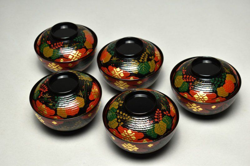 蔵A3837b 平安象彦 蒔絵 煮物椀 五客 共箱