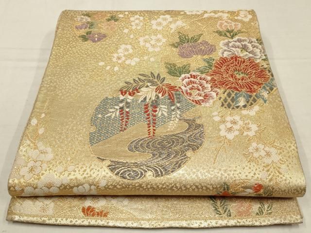 ⑥⑥⑤ 夏帯 雪輪　しば草 六通 袋帯 正絹 金糸 袋帯 逸品 雪輪 草花 刺繍 金銀糸 金色 六通 正絹 【中古
