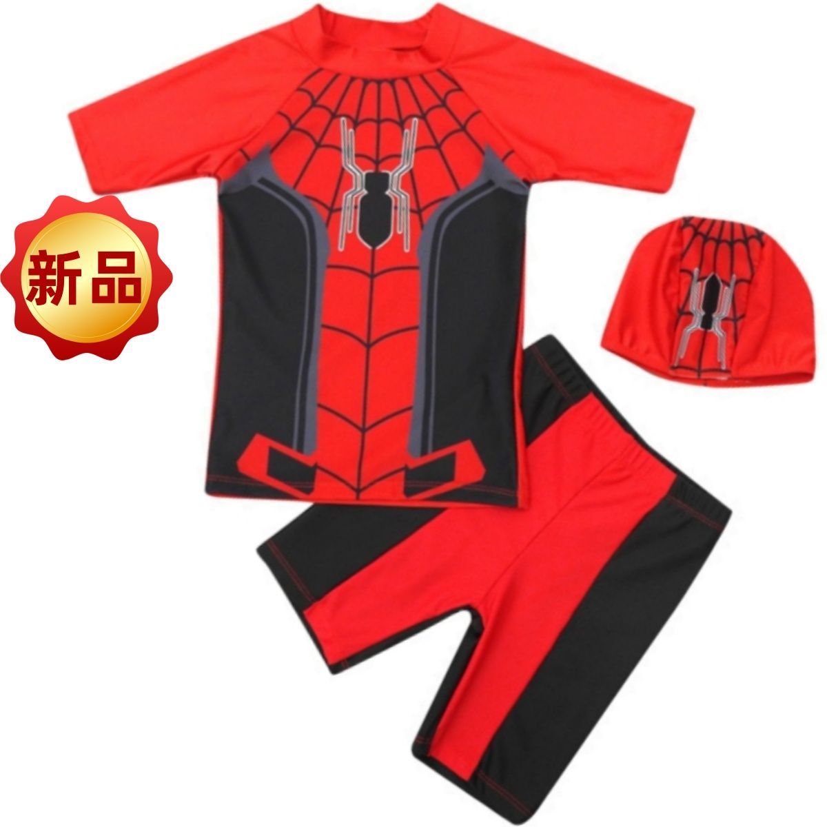 ✨新品✨ スパイダーマン 子供用水着 ラッシュガード 上下セット 帽子付き 男の子 スイムウェア キッズ UVカット 赤黒 半袖 プール 海水浴 温泉 L XL 2XL スイミング 100cm 110cm 120cm