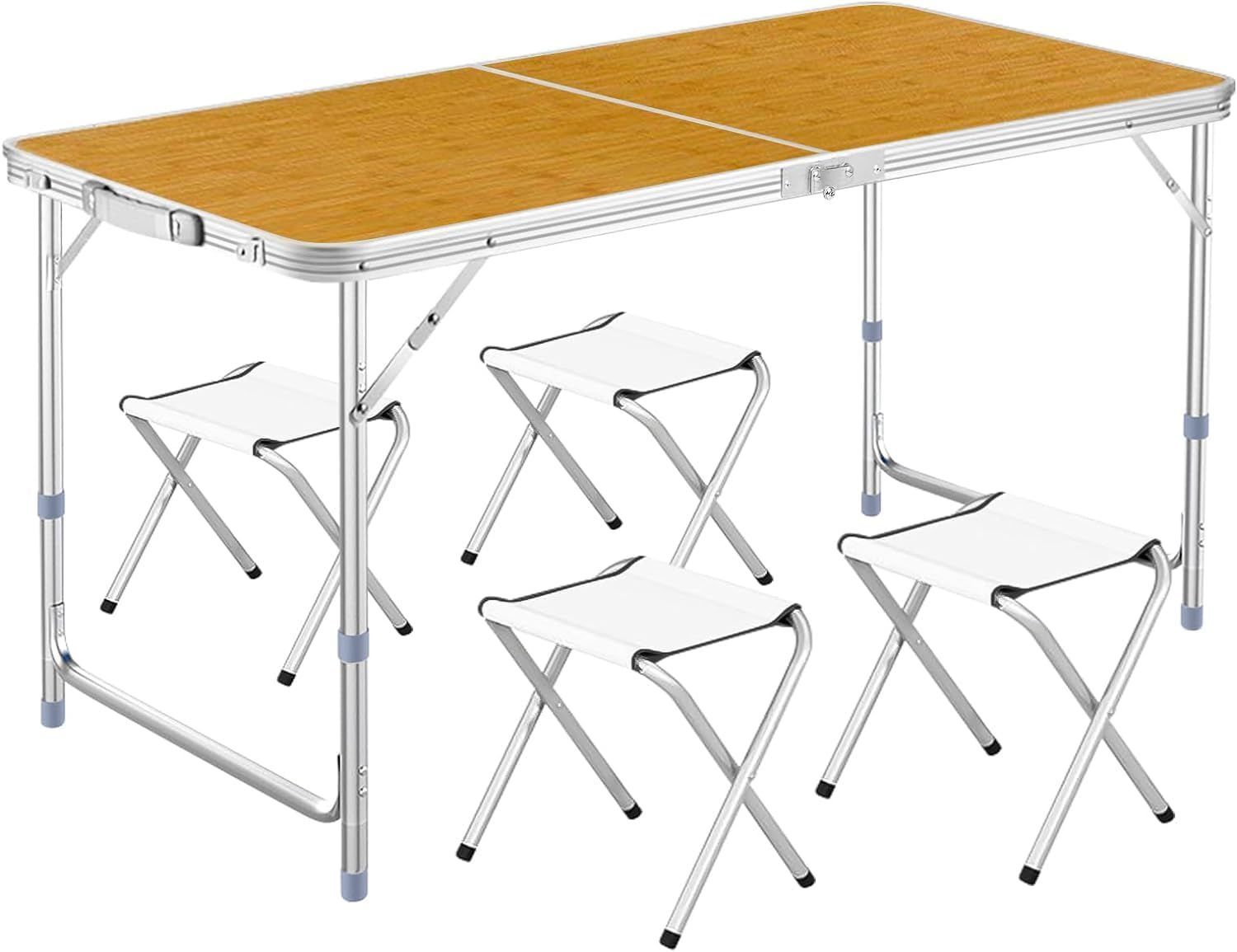 【特価商品】(bamboo-椅子4個) 120×60×(55-62-70)cm 高さ3段階調整可能 折りたたみ テーブル テーブル キャンプ アウトドア