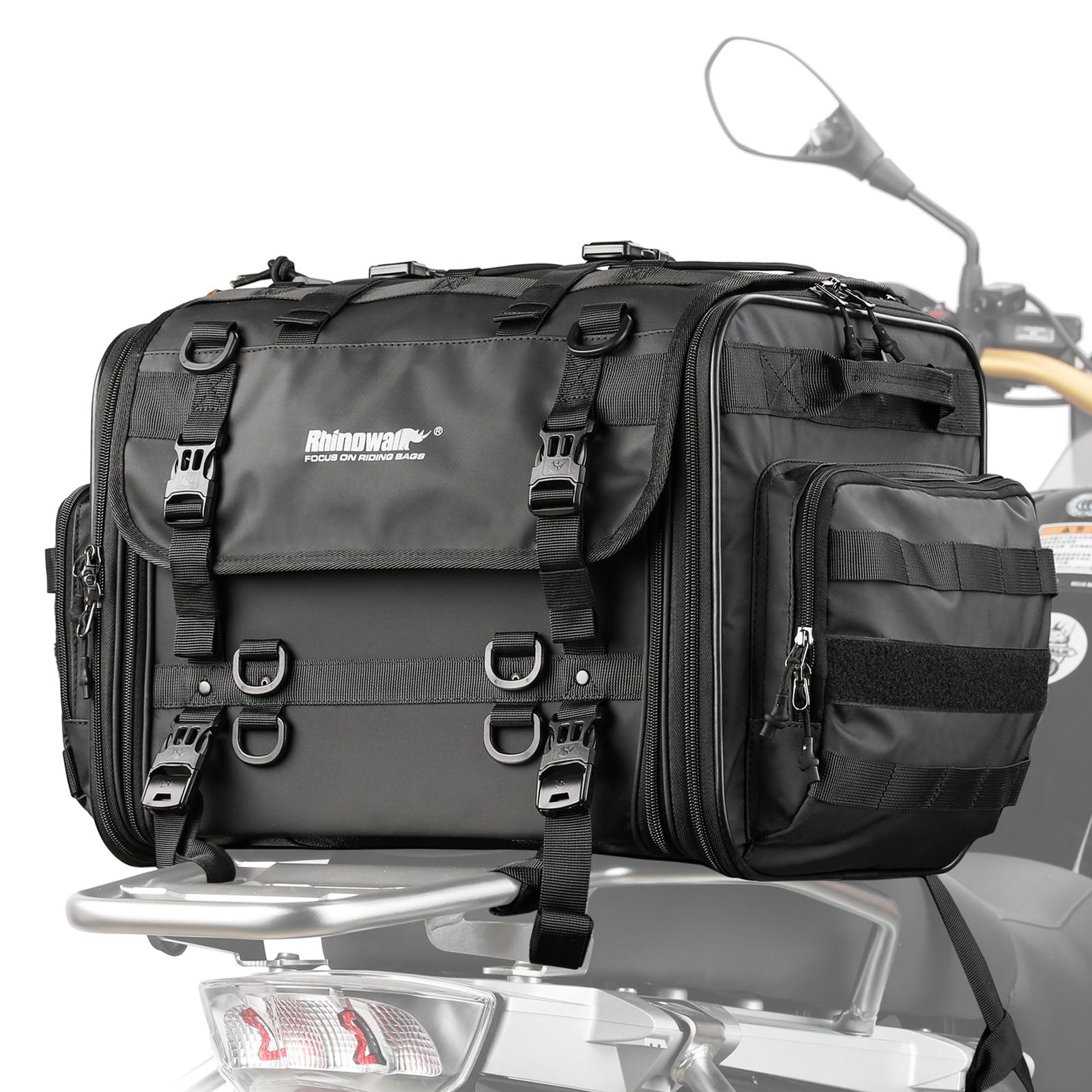 Rhinowalk バイク用 ツーリングシートバッグ 40-60L可変容量 防水 多機能 キャンピングシートバッグ ショルダーストラップ付き 反射テープ付き 装着簡単 汎用 バイク用バッグ ブラック