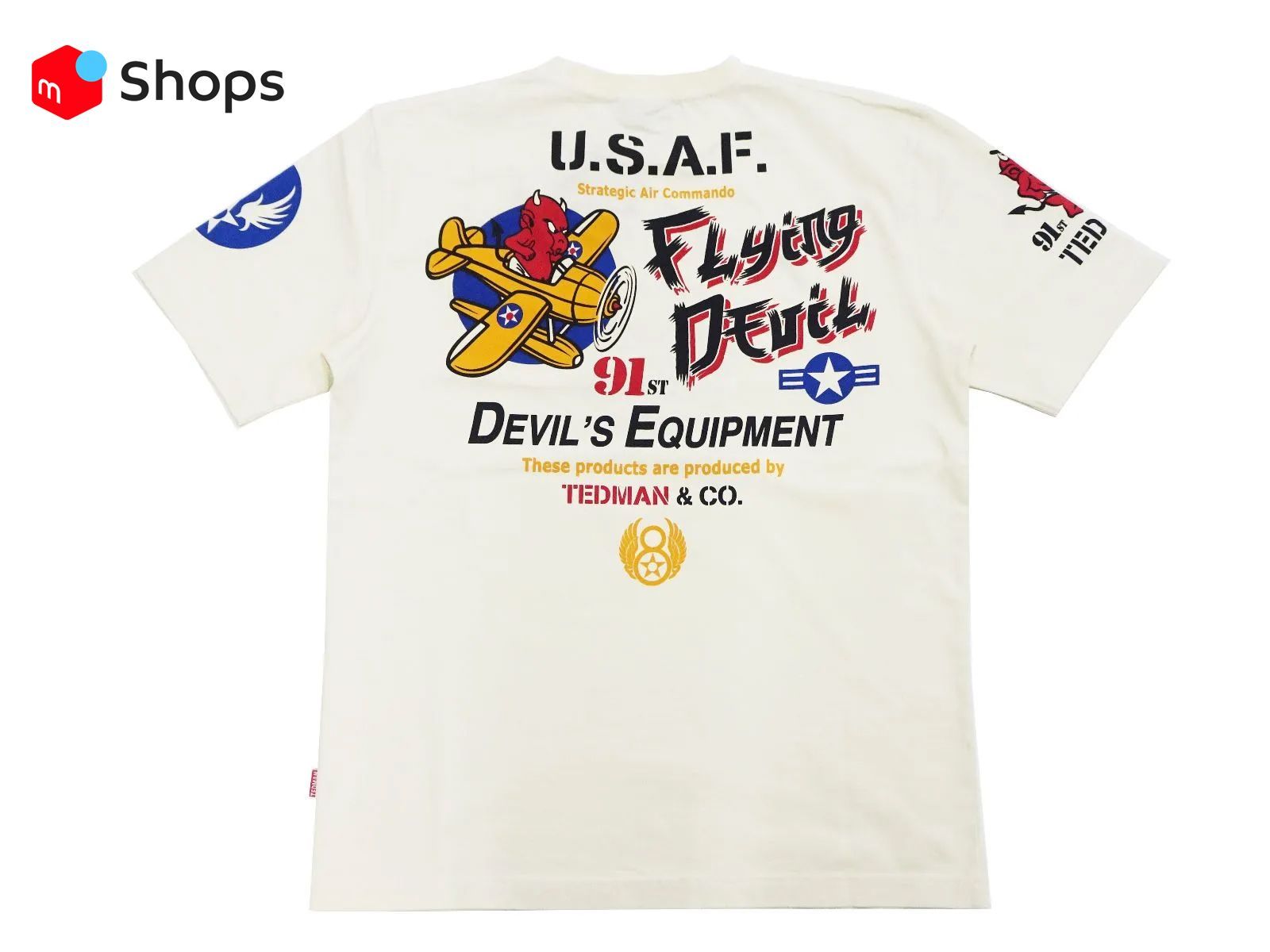 テッドマン 半袖Tシャツ TEDMAN プリペラ戦闘機 8TH AIR FORCE FLYING DEVIL エフ商会 TDSS-555   エフ商会 フライング レッドデビル ミリタリーTシャツ  オフホワイト 新品 