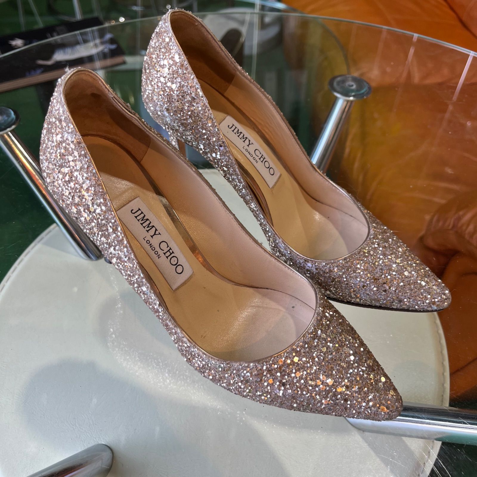 Jimmy Choo Romy 60 グリッター Jimmy Choo Gold Glitter Pointy Toe