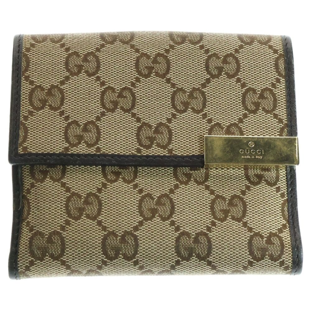 GUCCI (グッチ) GGキャンバス レザー ロゴプレート コンパクトウォレット 二つ折り財布 ゴールド金具 ベージュ/ブラウン ...