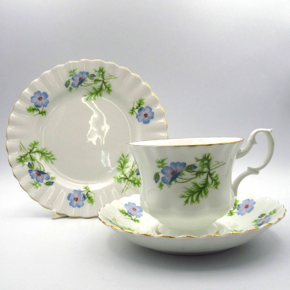 ヴィンテージ 食器 トリオ ティーカップ＆ソーサー Richmond China リッチモンドチャイナ Blue Poppy ブルーポピー イギリス 1970年代頃 22A144-5-6-7