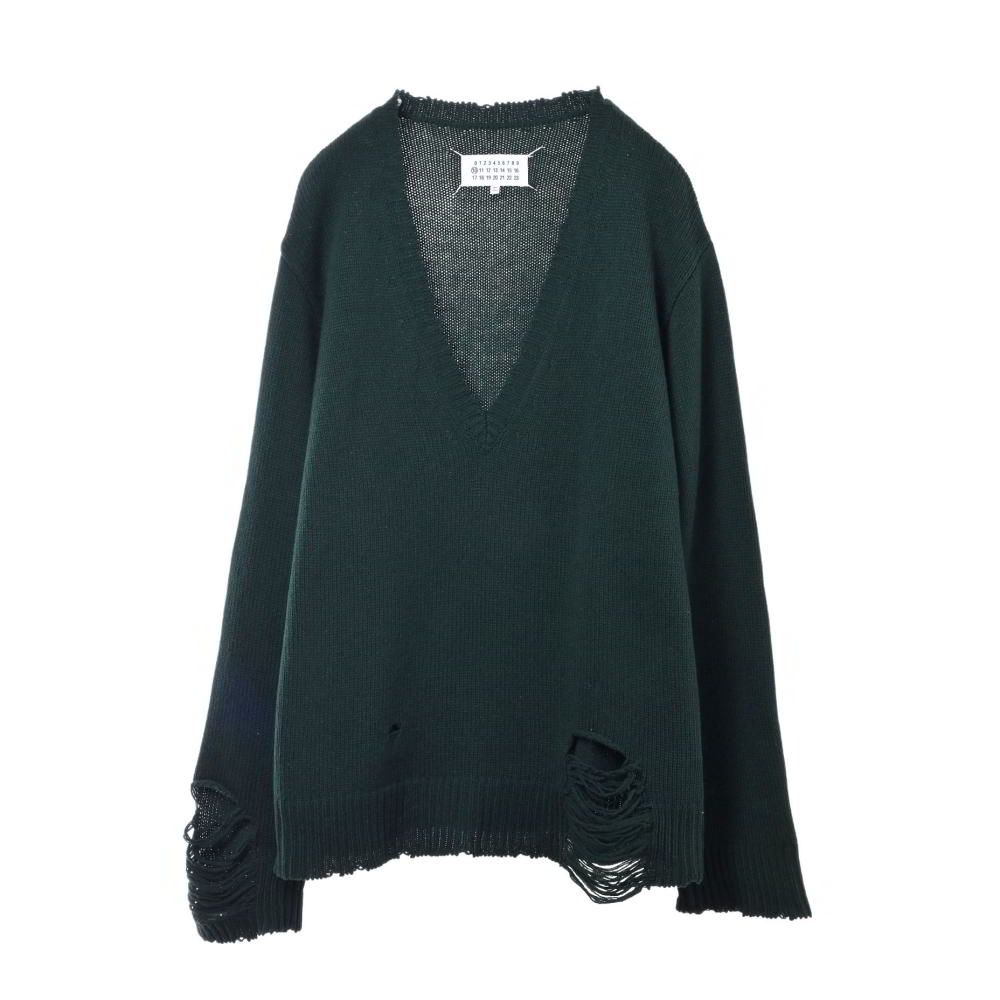 Maison Margiela デストロイ ウール Vネック ニット-今季ブランド Maison Margiela デストロイ ウール Vネック ニット-今季ブランド