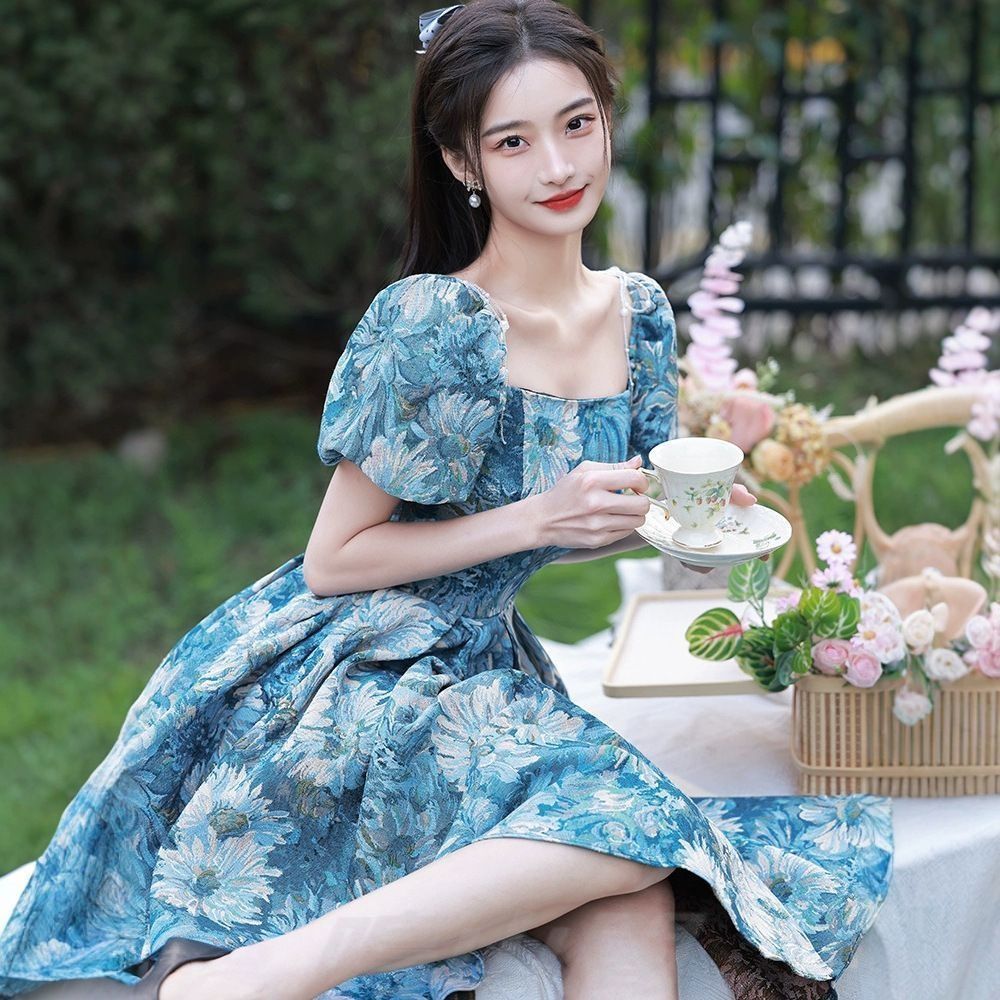 送料無料 ブルー油絵風ドレス フレンチ蓬裙 レディースワンピース 成人式 卒業 ホステス 夏 高見え XS～3XL 小柄体型もOKWP今だけ 109