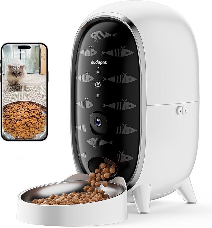 DUDUPET 自動給餌器 猫 2.4GHz＆5GHz帯WIFIに対応 音声録音 4L容量 2WAY給電 手動給餌 自動餌やり機 ステンレス皿 操作簡単 お手入れ簡単 1日6食 ホワイト ペンギン ビデオ通話式