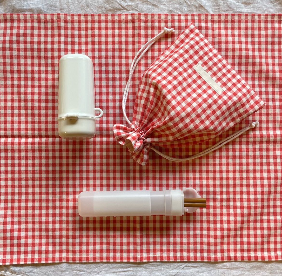 フリル巾着袋&ランチョンマットset ギンガムチェック レッド