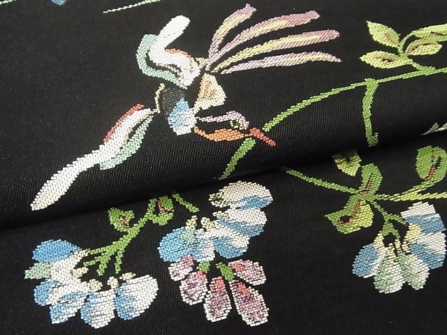 平和屋本店□最高級 龍村平蔵製 六通柄 本袋帯 楯彦花鳥錦 黒地 金銀糸