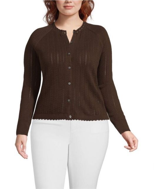 送料無料 ランズエンド レディース ニット セーター アウター Plus Size Cotton Pointelle Satin Trim Cardigan Sweater Rich coffee