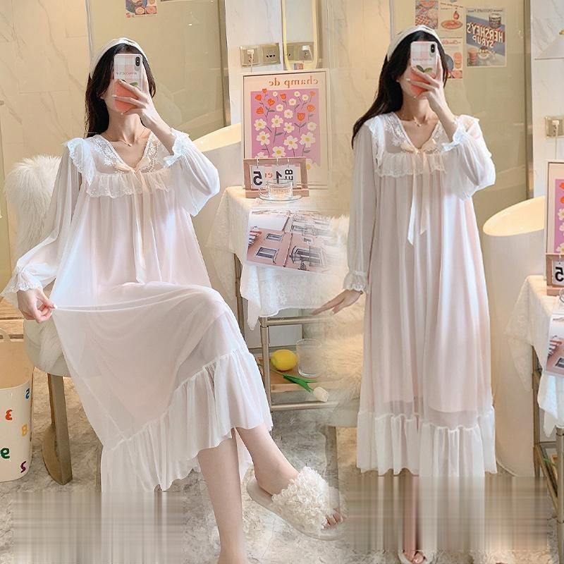 ネグリジェ ワンピース 長袖 3色 M-XL 綿 部屋着 可愛い 25zm105 ネグリジェ 春秋 綿 長袖ネグリジェ 姫風ワンピース ロング丈