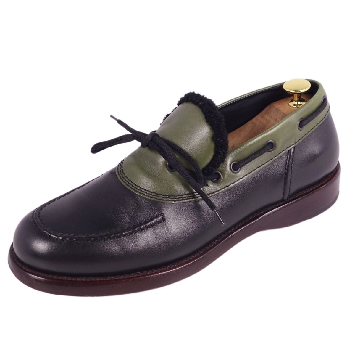 ボッテガヴェネタ BOTTEGA VENETA レザーシューズ デッキシューズ カーフレザー ムートン シューズ 靴 メンズ イタリア製 41 26cm相当 ブラック|カーキ