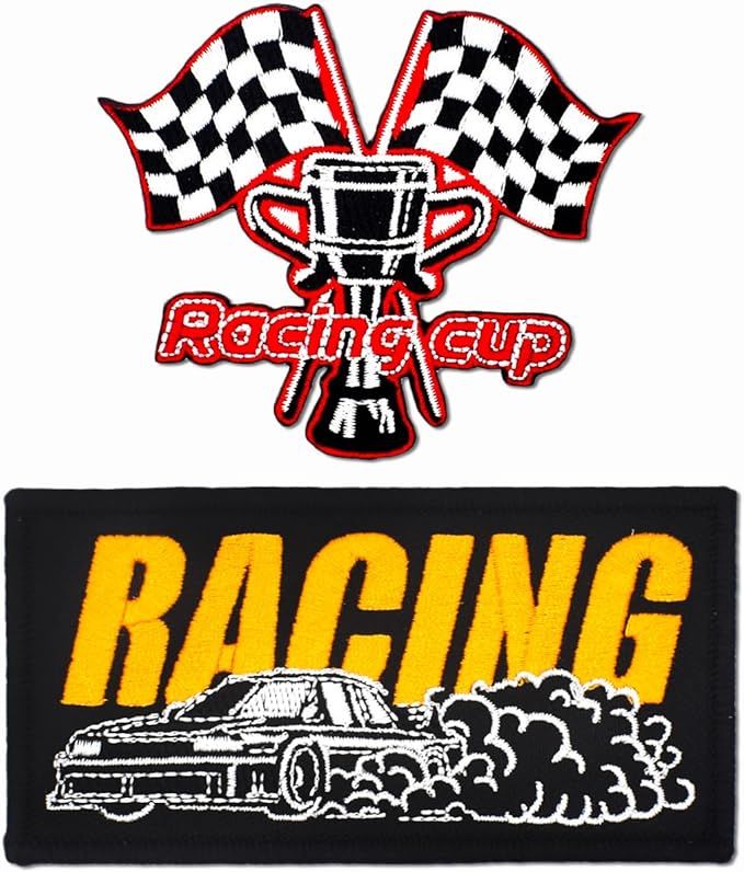 Chileeany アイロンワッペン（レーシングカー/RACING）カレッジ 風 アメカジ 、刺繍入りアップリケパッチ 英字 補修、針と糸付き