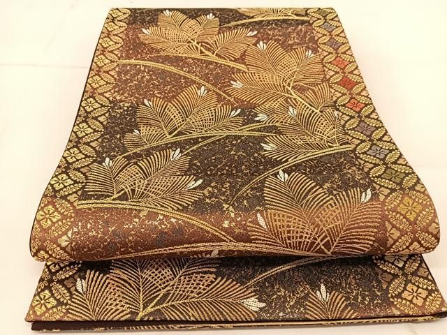 松葉紋　松皮菱　唐織袋帯　正絹 袋帯 美品 秀品 草花 松皮菱 刺繍 箔 墨色 六通 正絹 【中古