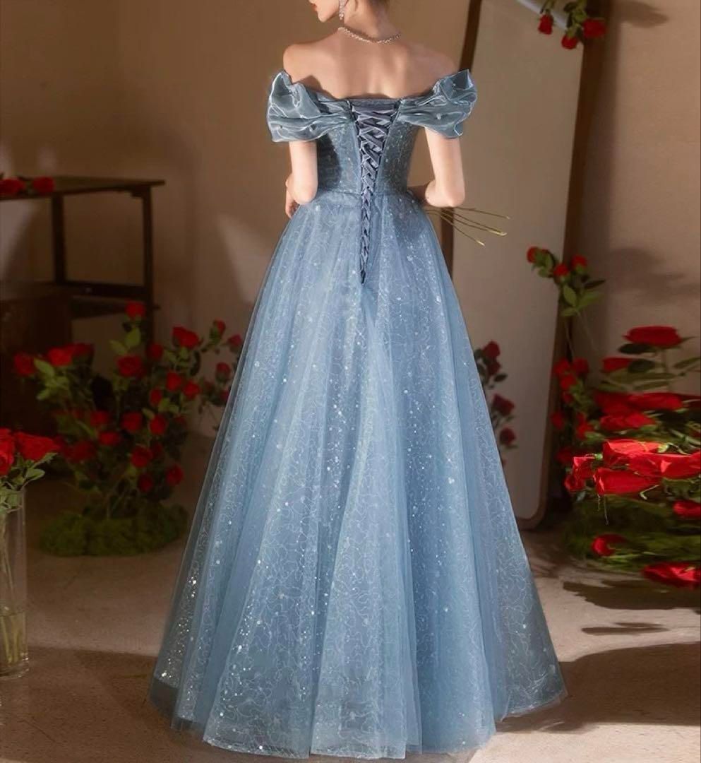 お花のデザインにパールが可愛い フリルのオフショルのドレス 再入荷！】 お花のデザインにパールが可愛い フリルのオフショル