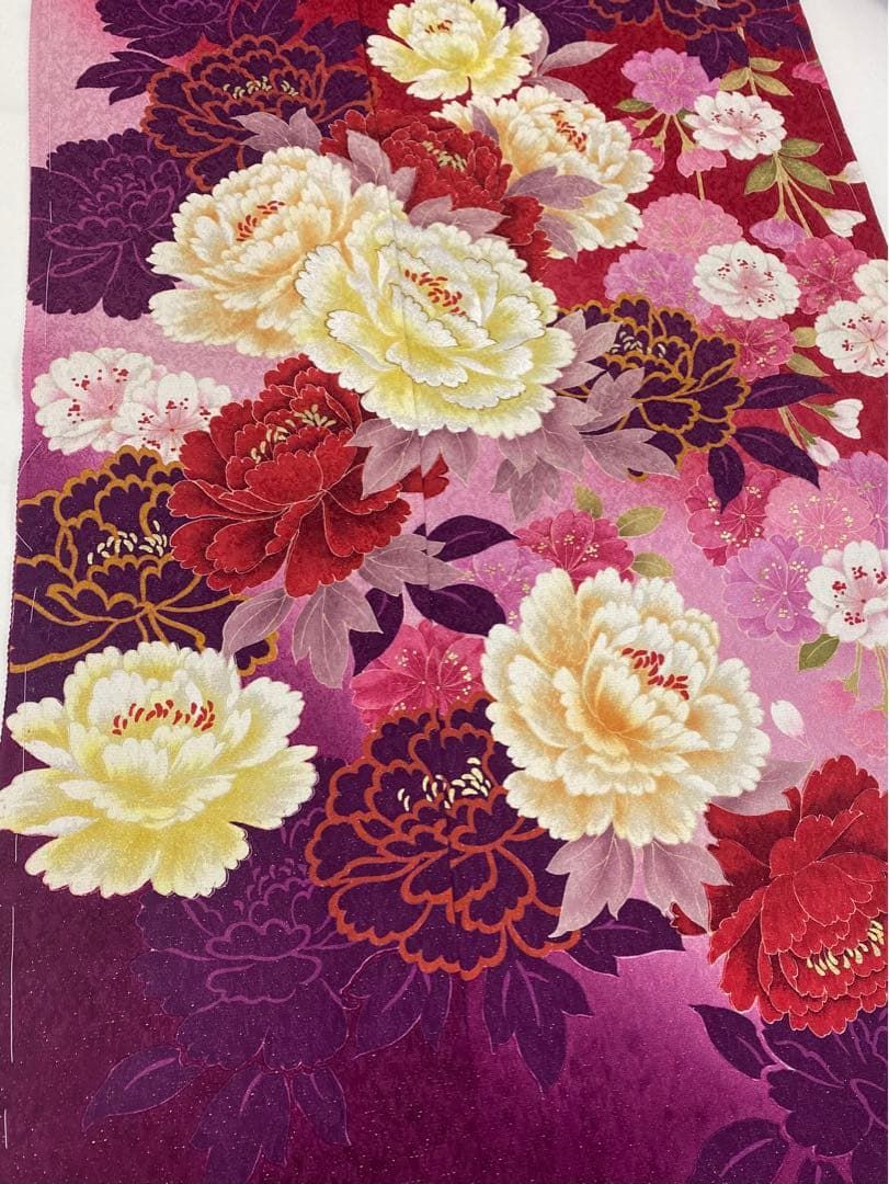 京友禅 振袖 仮絵羽 金通し 刺繍 金彩 大輪 牡丹 正絹 未仕立て品 八掛