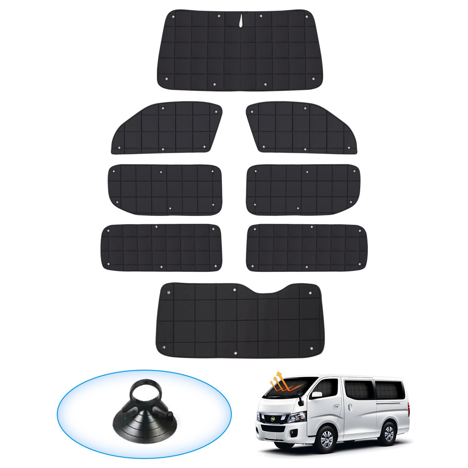 E26 NV350 キャラバン サンシェード 1台分 車 プライバシー CARAVAN E26系 マルチサンシェード 車中泊 断熱 遮光シェード 折り畳み式 盗難対策 日除け 紫外線対策 アウトドア 収納袋-吸盤付き 8PCSセット
